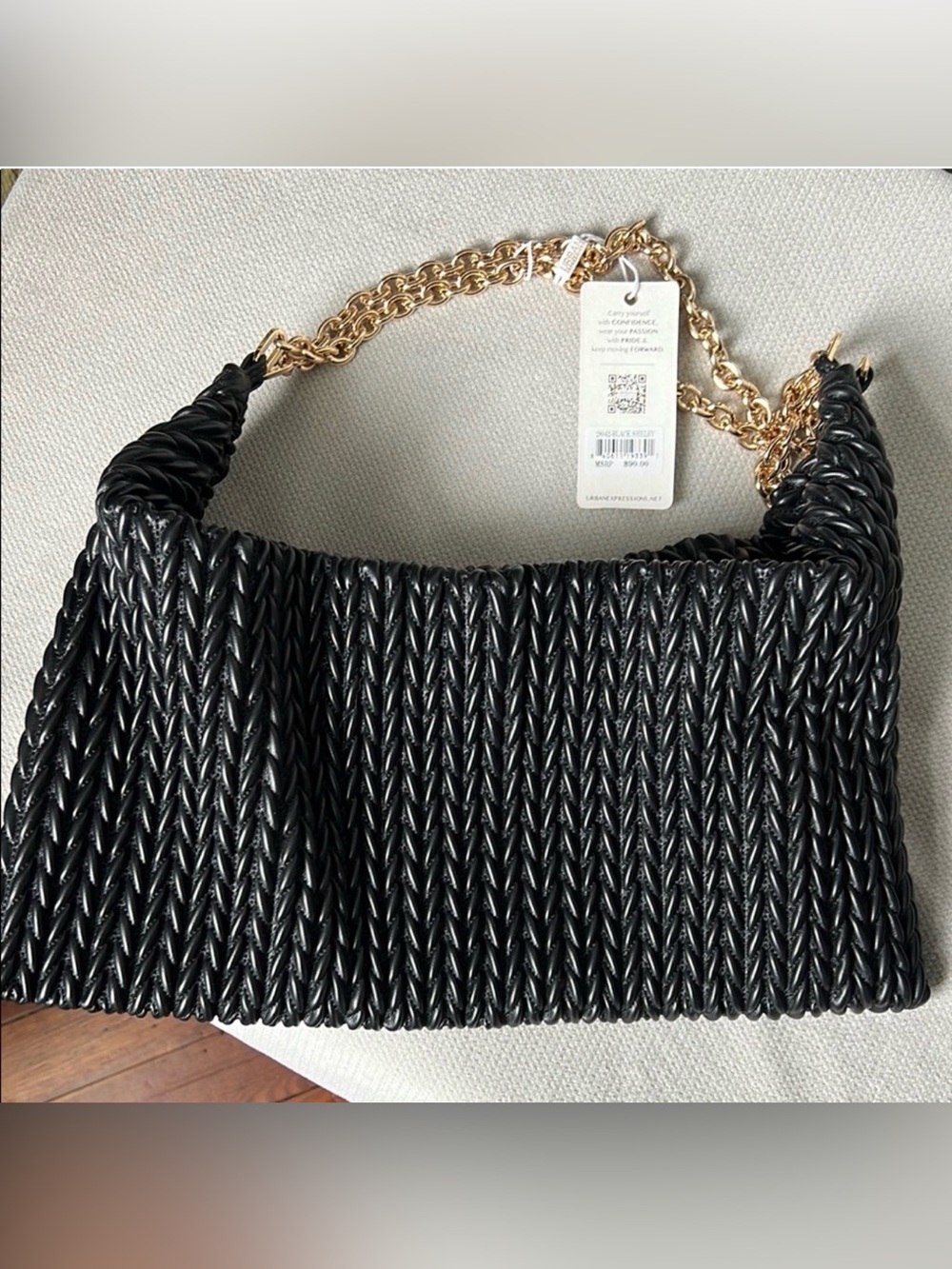 Urban Expressions Black Woven Shoulder Bag with Gold Chain Strap